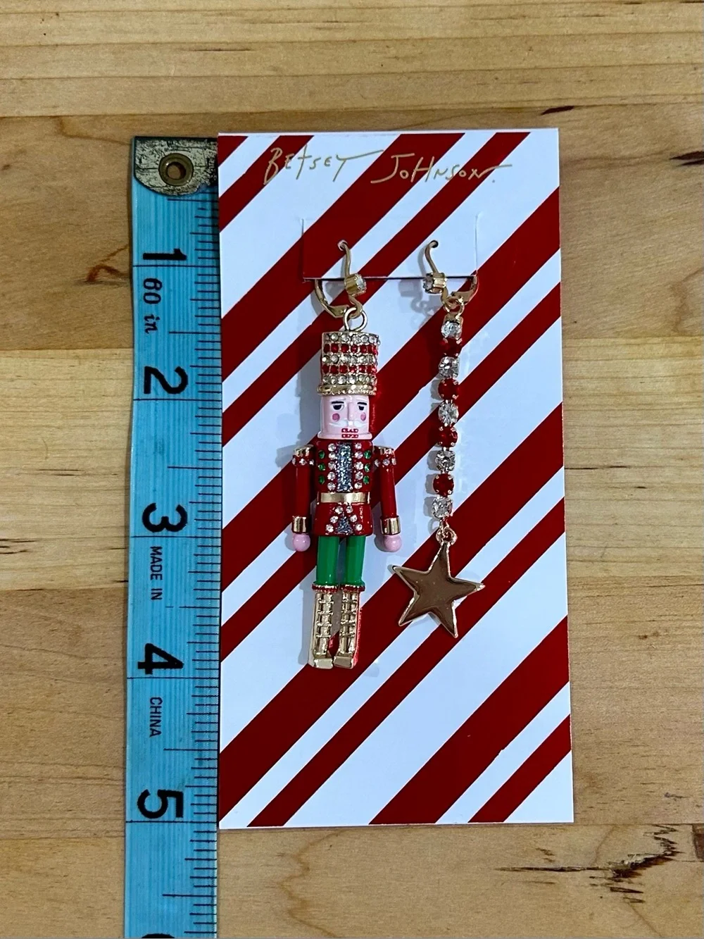 Betsey Johnson Red Nutcracker Mismatched Christmas Dangle Drop Earrings Bling